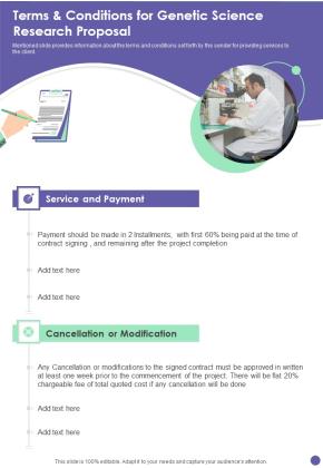 Terms And Conditions For Genetic Science Research Proposal One Pager Sample Example Document Slide01
