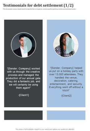 Testimonials For Debt Settlement One Pager Sample Example Document Slide01