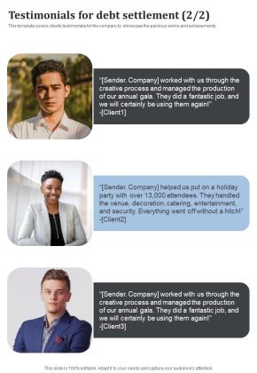 Testimonials For Debt Settlement One Pager Sample Example Document Slide02