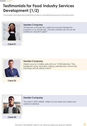 Testimonials For Food Industry Services Development One Pager Sample Example Document Slide01