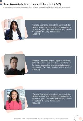 Testimonials For Loan Settlement One Pager Sample Example Document Slide02