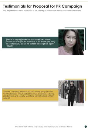 Testimonials For Proposal For PR Campaign One Pager Sample Example Document Slide01