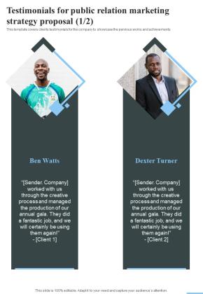 Testimonials For Public Relation Marketing Strategy Proposal One Pager Sample Example Document Slide01