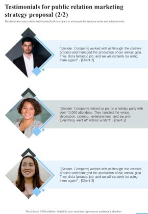 Testimonials For Public Relation Marketing Strategy Proposal One Pager Sample Example Document Slide02
