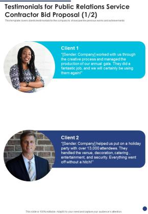 Testimonials For Public Relations Service Contractor Bid Proposal One Pager Sample Example Document Slide01