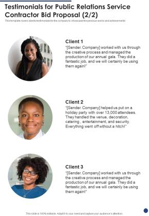 Testimonials For Public Relations Service Contractor Bid Proposal One Pager Sample Example Document Slide02