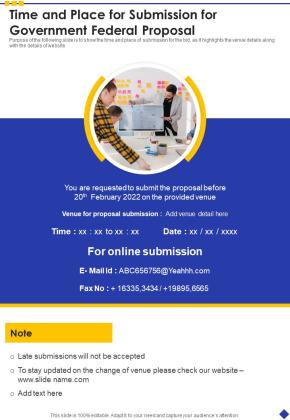 Time And Place For Submission For Government Federal Proposal One Pager Sample Example Document Slide01