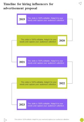Timeline For Hiring Influencers For Advertisement Proposal One Pager Sample Example Document Slide01