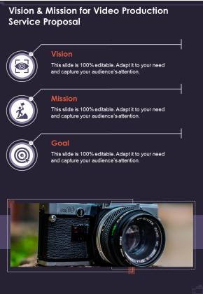 Vision And Mission For Video Production Service Proposal One Pager Sample Example Document Slide01