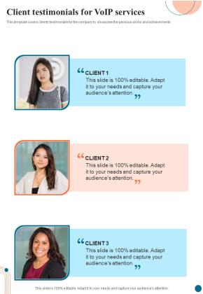 Voice Over Internet Protocol Infrastructure And Services Client Testimonials One Pager Sample Example Document Slide01