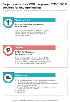 Voice Over Internet Protocol Telecommunications System Project Context For Byoc Voip One Pager Sample Example Document Slide01