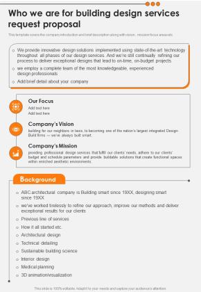 Who We Are For Building Design Services Request Proposal One Pager Sample Example Document Slide01