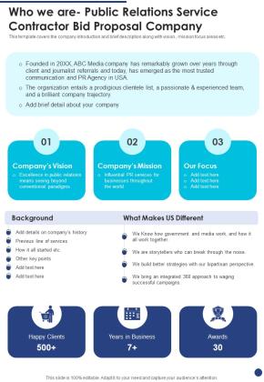 Who We Are Public Relations Service Contractor Bid Proposal Company One Pager Sample Example Document Slide01