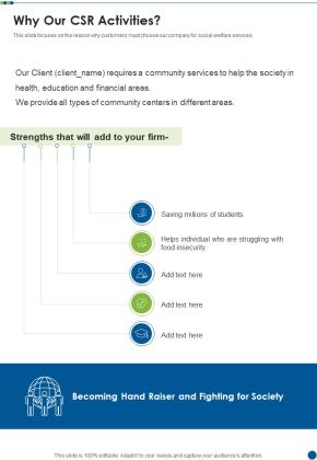 Why Our CSR Activities One Pager Sample Example Document Slide01