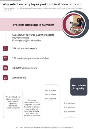 Why Select Our Employee Perk Administration Proposal One Pager Sample Example Document Slide01