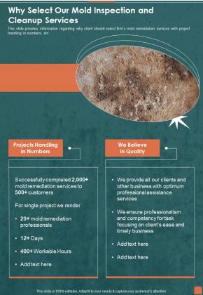 Why Select Our Mold Inspection And Cleanup Services One Pager Sample Example Document Slide01