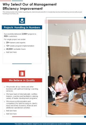 Why Select Our Of Management Efficiency Improvement One Pager Sample Example Document Slide01