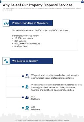 Why Select Our Property Proposal Services One Pager Sample Example Document Slide01