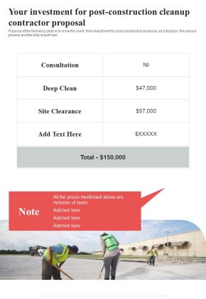 Your Investment For Post Construction Cleanup Contractor Proposal One Pager Sample Example Document Slide01