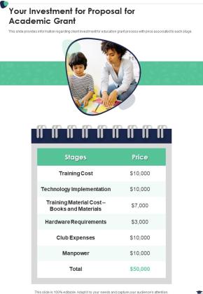 Your Investment For Proposal For Academic Grant One Pager Sample Example Document Slide01