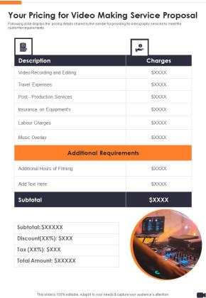 Your Pricing For Video Making Service Proposal One Pager Sample Example Document Slide01