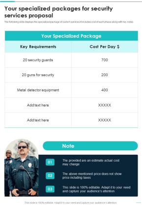 Your Specialized Packages For Security Services Proposal One Pager Sample Example Document Slide01