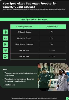 Your Specialized Packages Proposal For Security Guard Services One Pager Sample Example Document Slide01
