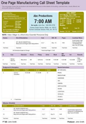 One Page Manufacturing Call Sheet Template PDF Document PPT Template