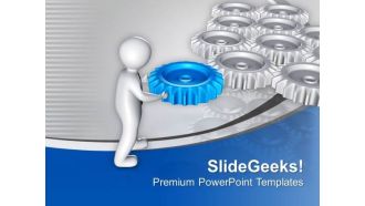 3d Man Holding Blue Gear PowerPoint Templates Ppt Backgrounds For Slides 0713
