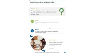 About Our CSR Activities Provider One Pager Sample Example Document