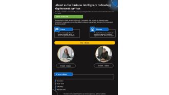 About Us For Business Intelligence Technology Deployment Services Mission One Pager Sample Example Document