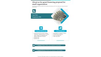 About Us For Grant Financing Proposal For Small Organization One Pager Sample Example Document