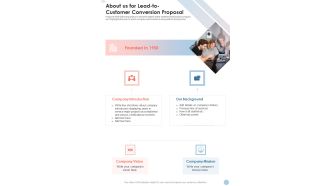About Us For Lead To Customer Conversion Proposal One Pager Sample Example Document