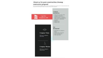 About Us For Post Construction Cleanup Contractor Proposal One Pager Sample Example Document
