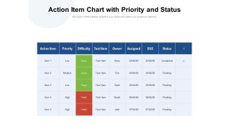 Action Item Chart With Priority And Status Ppt PowerPoint Presentation Infographics Design Templates PDF