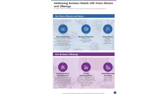 Addressing Business Details With Vision Mission And Offerings One Pager Documents
