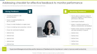Addressing Checklist For Effective Feedback To Monitor Performance Background PDF