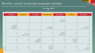 Advertising Programs Management Techniques Monthly Content Marketing Campaign Calendar Slides PDF