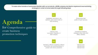 Agenda For Comprehensive Guide To Create Business Promotion Techniques Ppt PowerPoint Presentation File Professional PDF