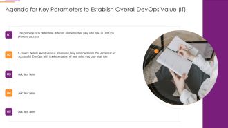 Agenda For Key Parameters To Establish Overall Devops Value It Slides PDF