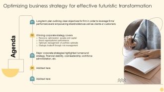 Agenda Optimizing Business Strategy For Effective Futuristic Transformation Ppt PowerPoint Presentation File Example PDF