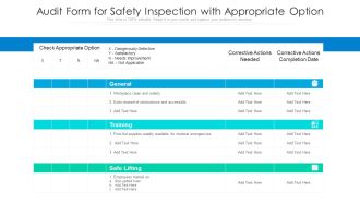 Audit Form For Safety Inspection With Appropriate Option Ppt PowerPoint Presentation Gallery Graphics Example PDF