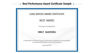 Best Performance Award Certificate Sample Ppt PowerPoint Presentation File Background PDF