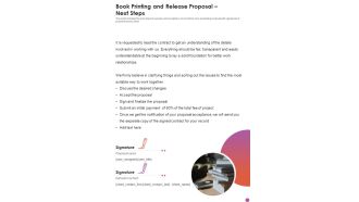 Book Printing And Release Proposal Next Steps One Pager Sample Example Document