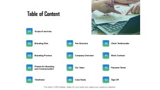 Brand Communication Strategy Table Of Content Ppt Styles Guide PDF