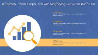 Budgetary Trends Graph Icon With Magnifying Glass And Trend Line Introduction PDF