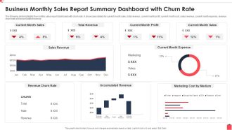 Business Monthly Sales Report Summary Dashboard With Churn Rate Background PDF