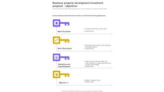 Business Property Development Investment Proposal Objectives One Pager Sample Example Document