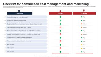Checklist For Construction Cost Management And Monitoring Ppt Professional Background PDF