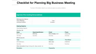 Checklist For Planning Big Business Meeting Ppt PowerPoint Presentation Styles Example PDF